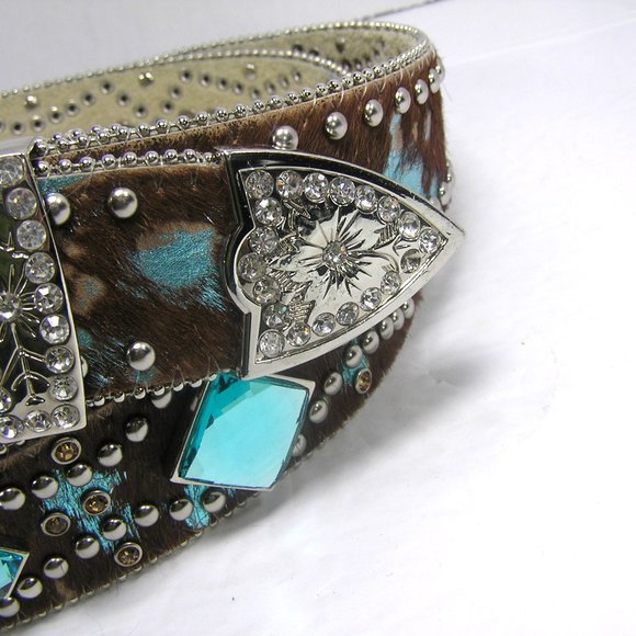 ANGEL RANCH CALF HAIR LEATHER BELT SIZE XL STUDS FAUX GEMS - Picture 10 of 16